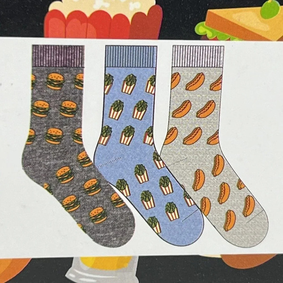 3 Pairs Happy Threads Men's Crew Socks Size 6-12 NWOT Food Theme Burger Fries - Picture 1 of 6